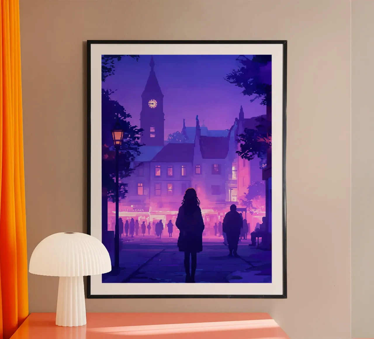Donna che cammina verso la torre dell'orologio del villaggio Lofi Art poster da LoFi Gallery