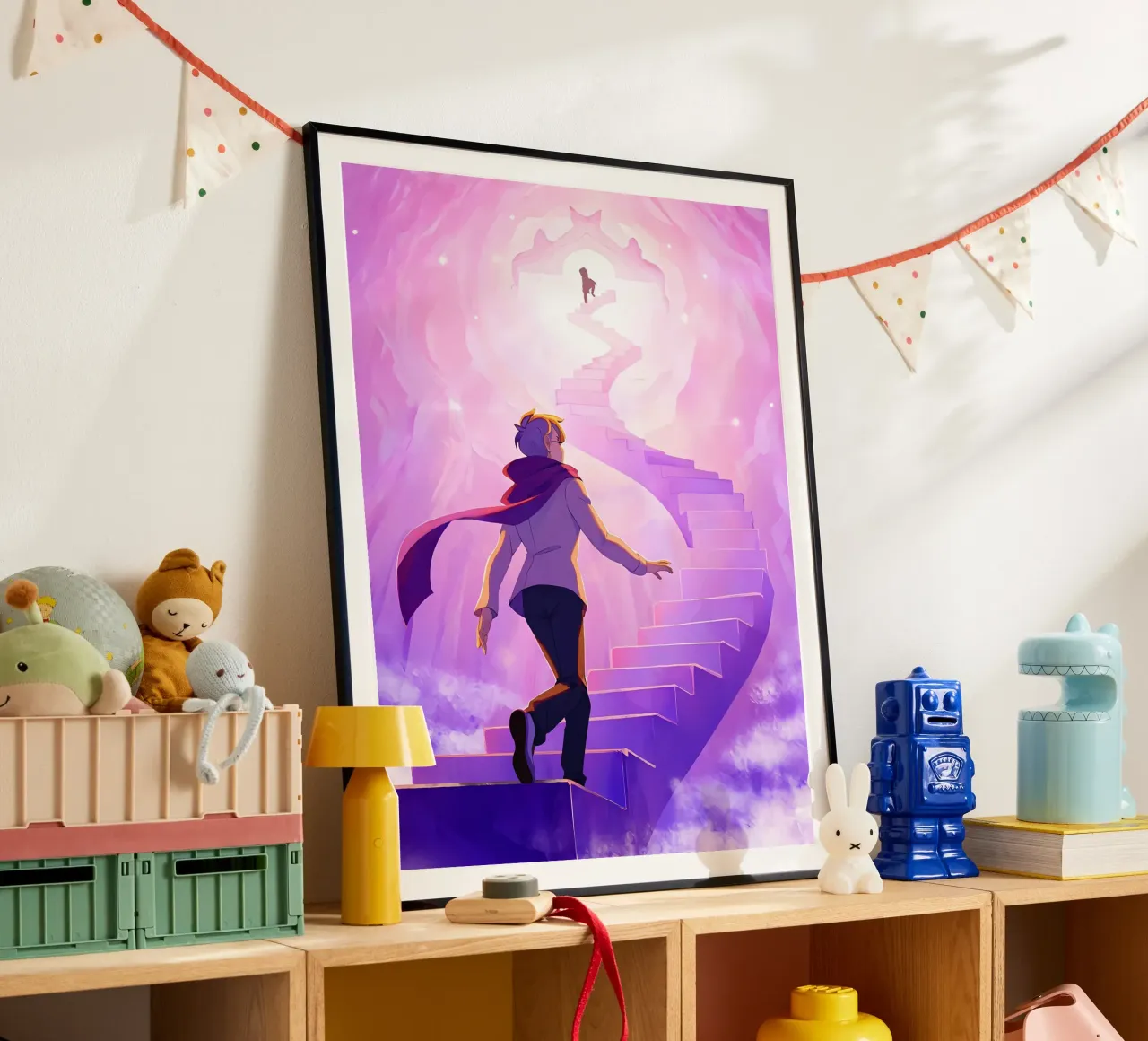 Un ragazzo che sale le scale del cielo Lofi Art poster da LoFi Gallery