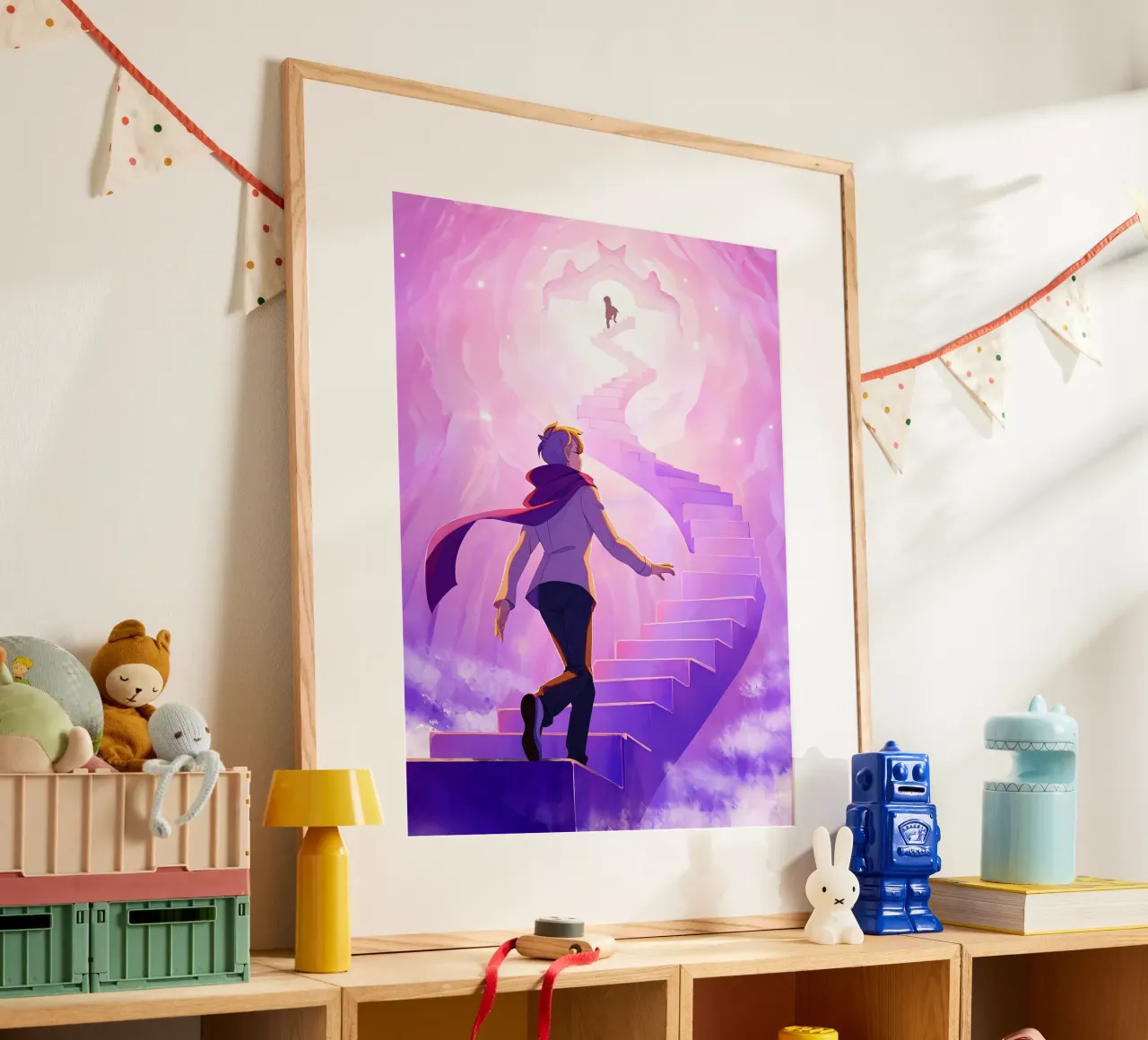 Un ragazzo che sale le scale del cielo Lofi Art poster da LoFi Gallery