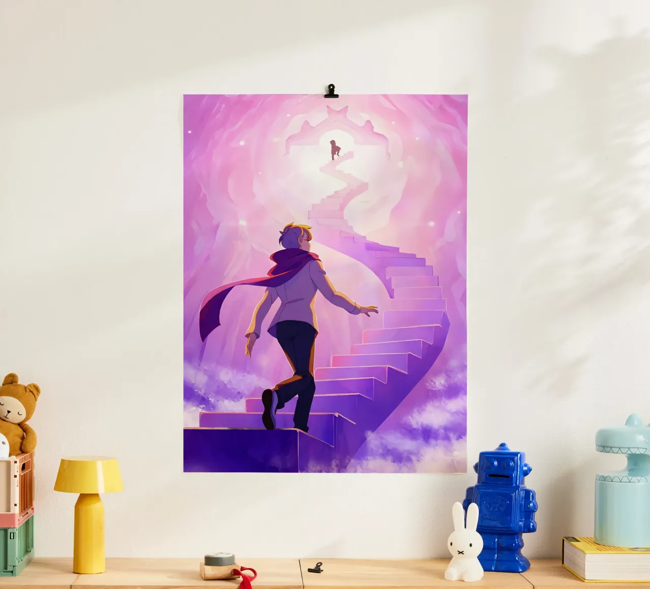 Un ragazzo che sale le scale del cielo Lofi Art poster da LoFi Gallery
