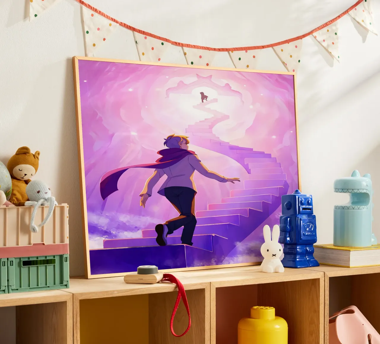 Un ragazzo che sale le scale del cielo Lofi Art poster da LoFi Gallery