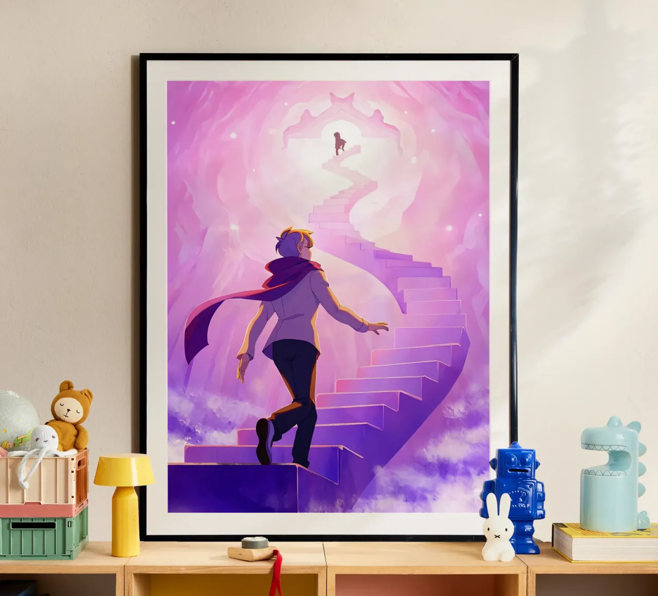 Un ragazzo che sale le scale del cielo Lofi Art poster da LoFi Gallery