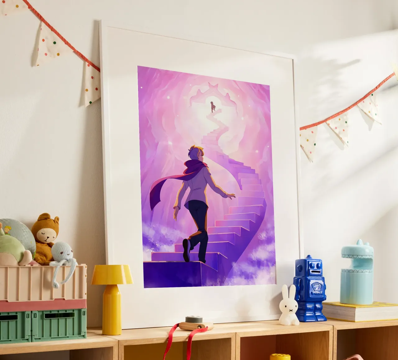Un ragazzo che sale le scale del cielo Lofi Art poster da LoFi Gallery