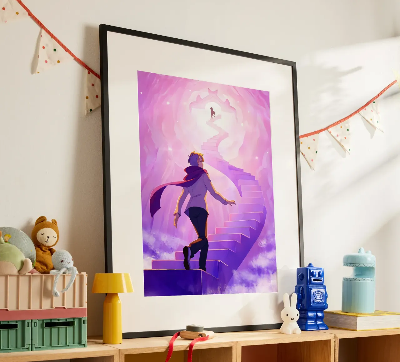 Un ragazzo che sale le scale del cielo Lofi Art poster da LoFi Gallery