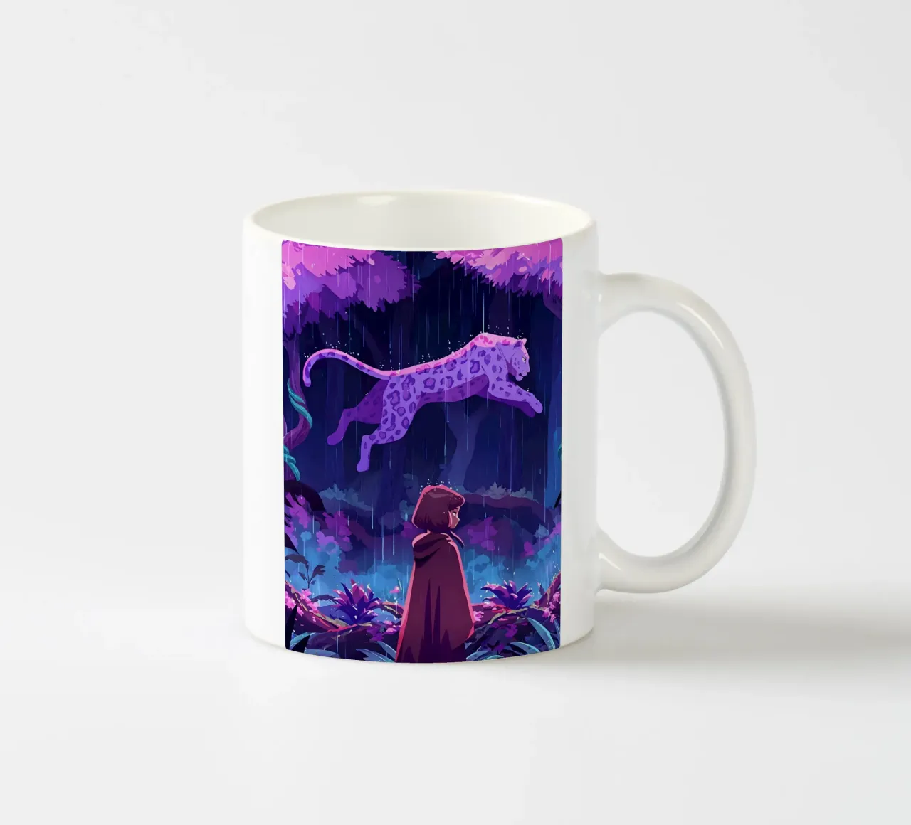 Une fille face à un léopard dans une forêt pluvieuse Lofi Art mug en céramique de LoFi Gallery