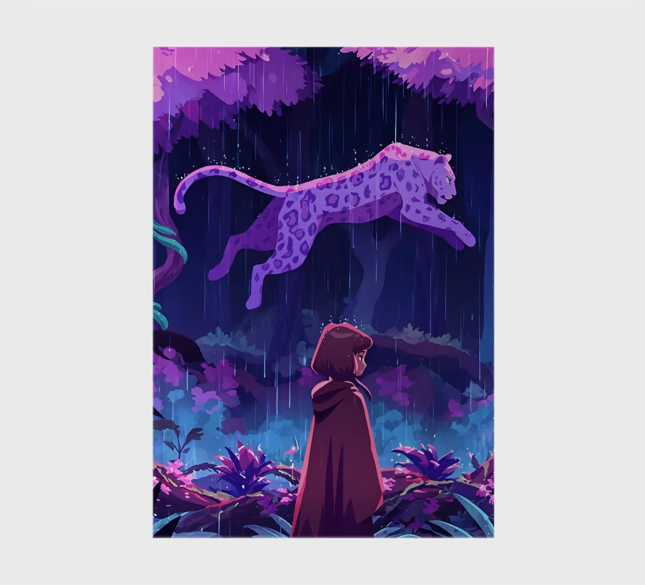 Une fille face à un léopard dans une forêt pluvieuse Lofi Art carnet de notes de LoFi Gallery