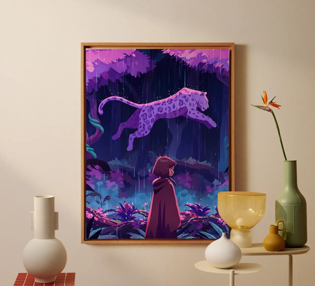 Une fille face à un léopard dans une forêt pluvieuse Lofi Art toile avec Caisse américaine de LoFi Gallery