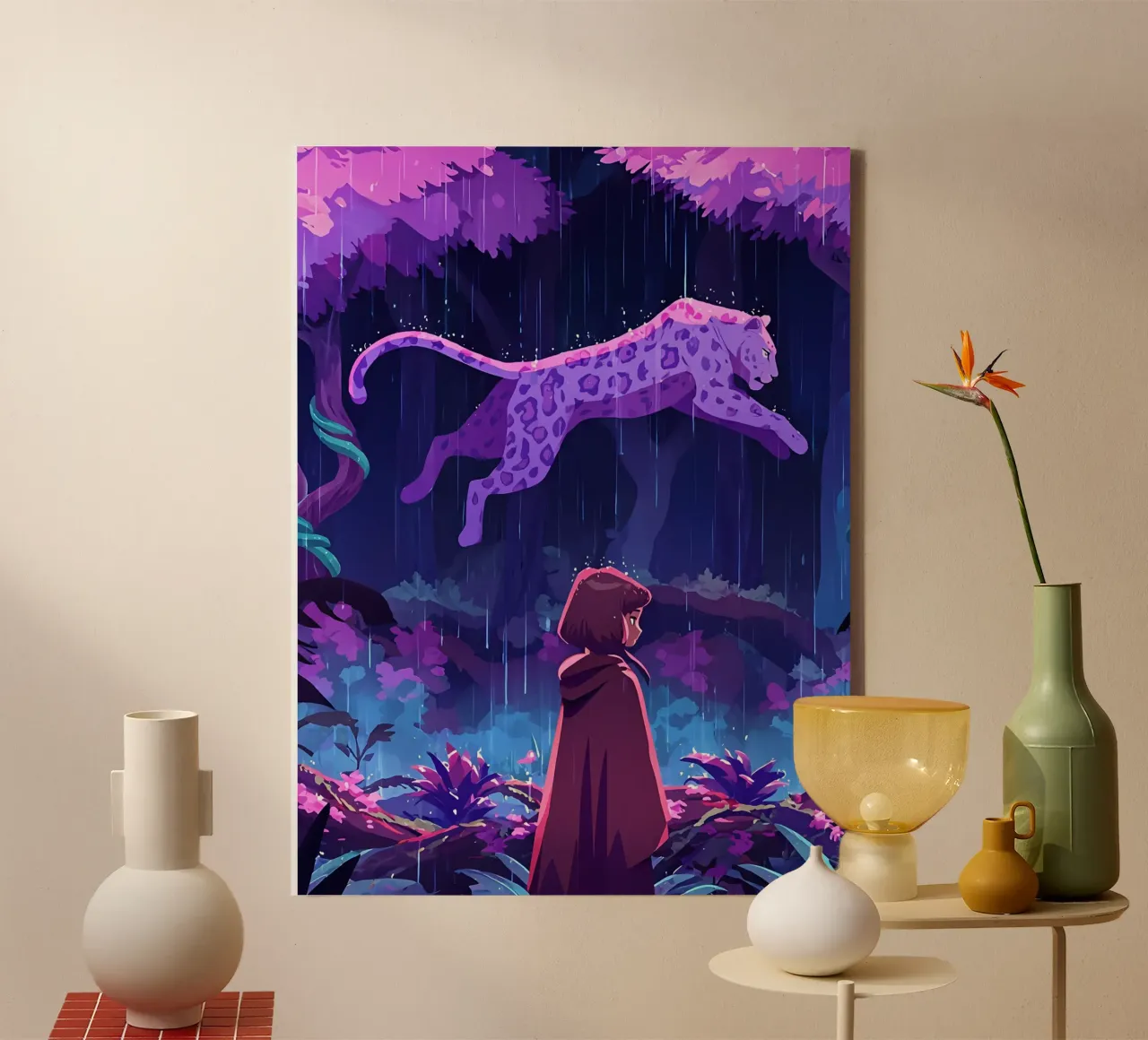 Une fille face à un léopard dans une forêt pluvieuse Lofi Art toile avec Caisse américaine de LoFi Gallery