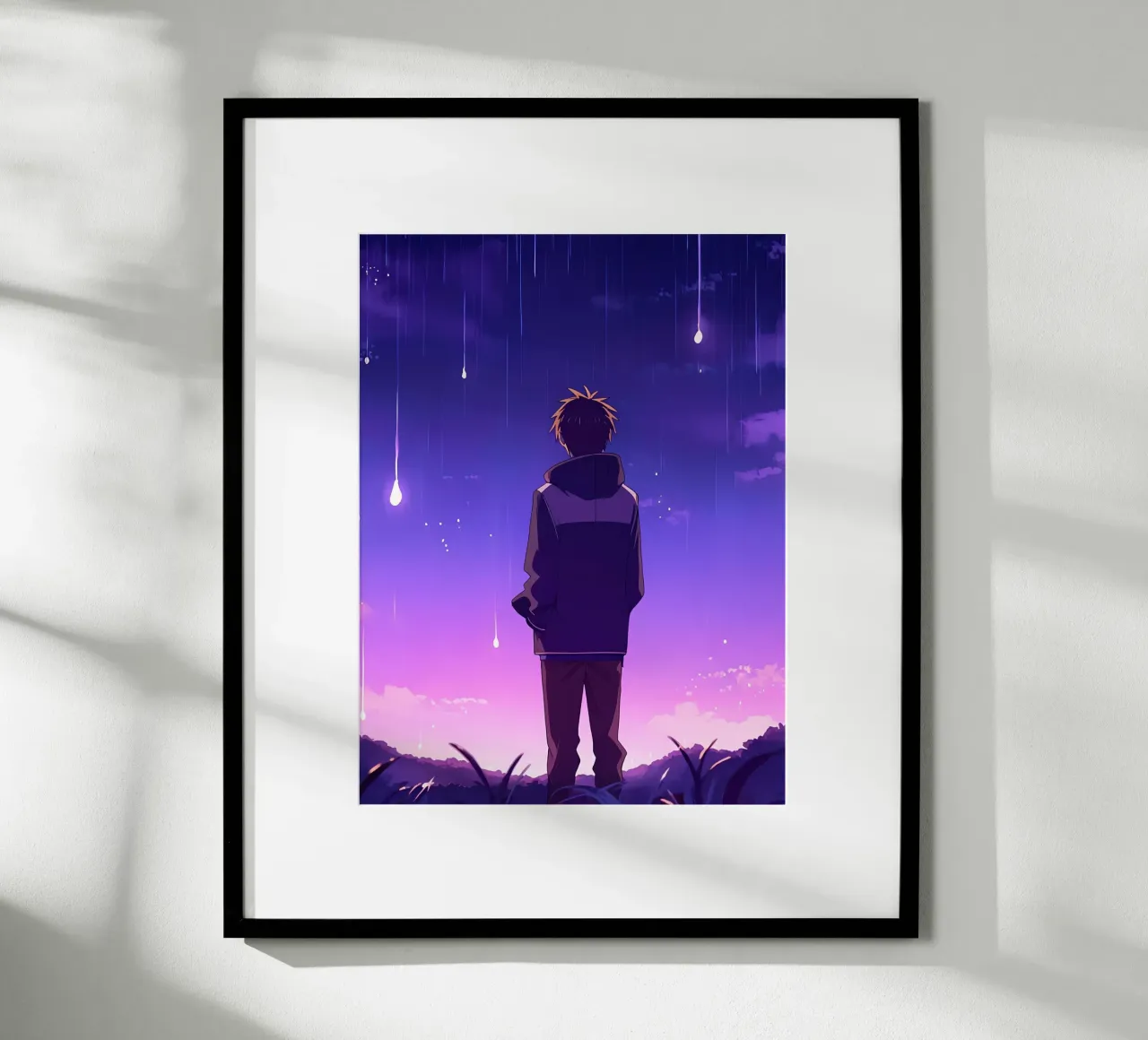 Un ragazzo in piedi e guardando il cielo notturno stelle Lofi Art poster con telaio in plastica da LoFi Gallery