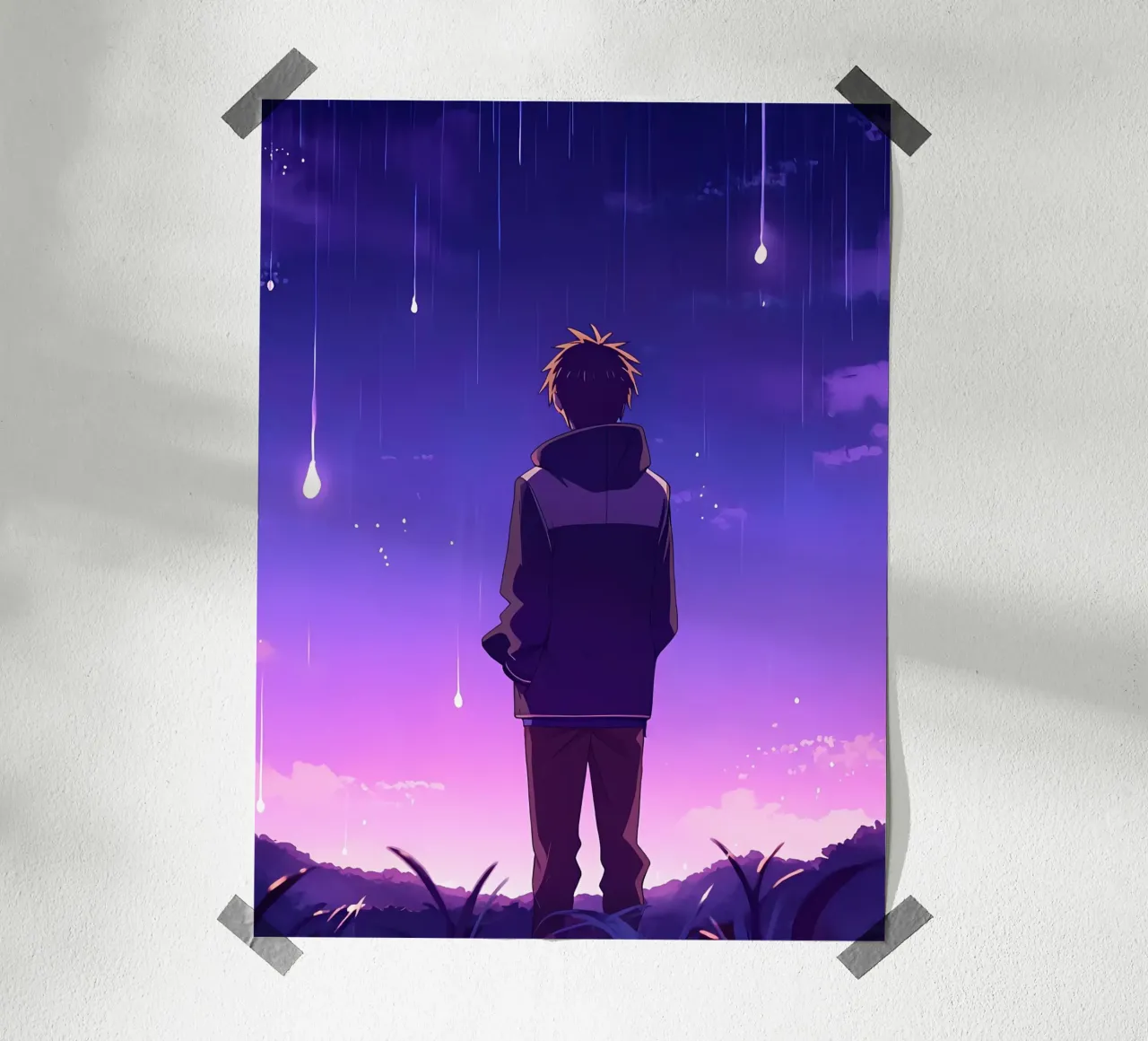 Un ragazzo in piedi e guardando il cielo notturno stelle Lofi Art poster con telaio in plastica da LoFi Gallery