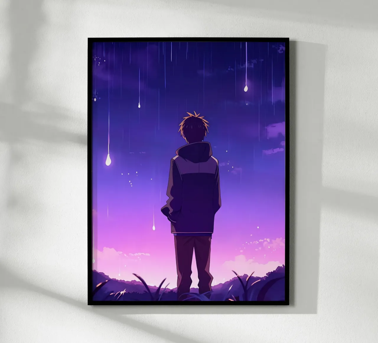 Un ragazzo in piedi e guardando il cielo notturno stelle Lofi Art poster con telaio in plastica da LoFi Gallery