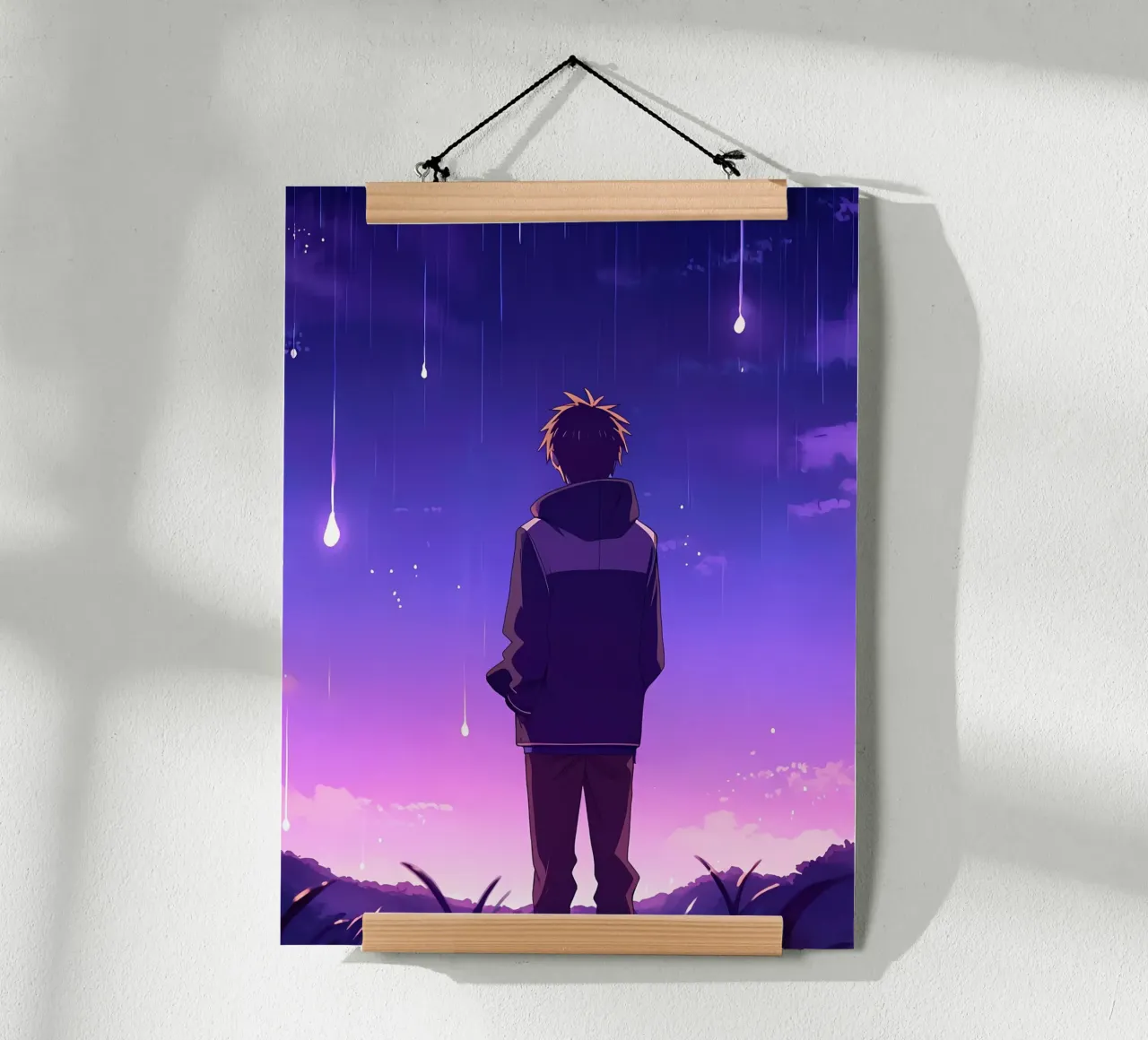 Un ragazzo in piedi e guardando il cielo notturno stelle Lofi Art poster con telaio in plastica da LoFi Gallery