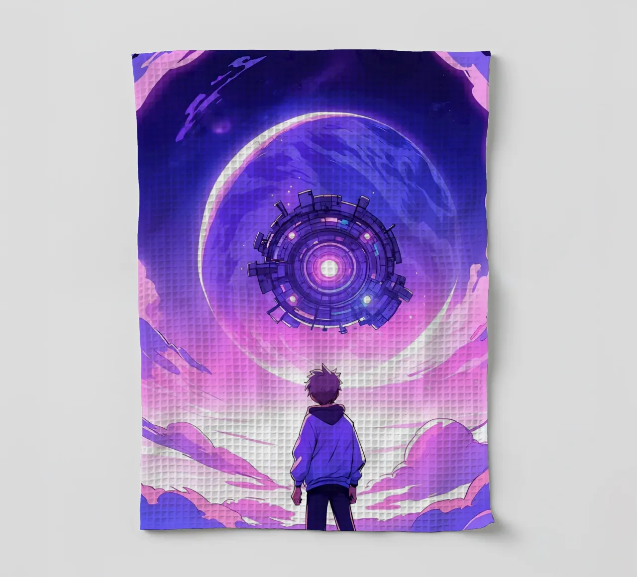A Boy Standing In Alien World Lofi Art tea towel by LoFi Gallery
