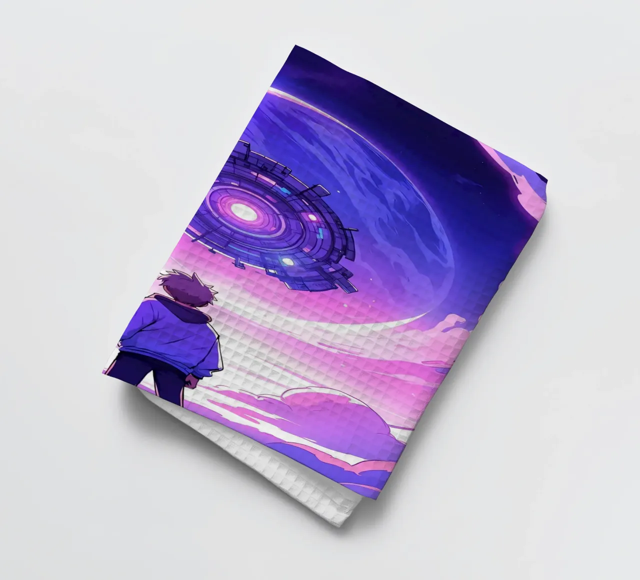 A Boy Standing In Alien World Lofi Art tea towel by LoFi Gallery