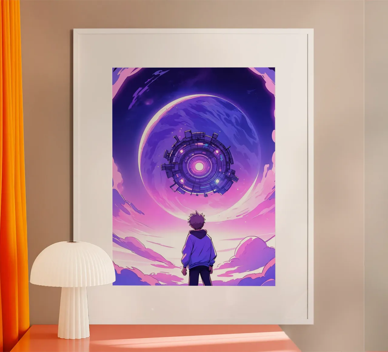 Un ragazzo in piedi nel mondo alieno Lofi Art poster con telaio in legno da LoFi Gallery