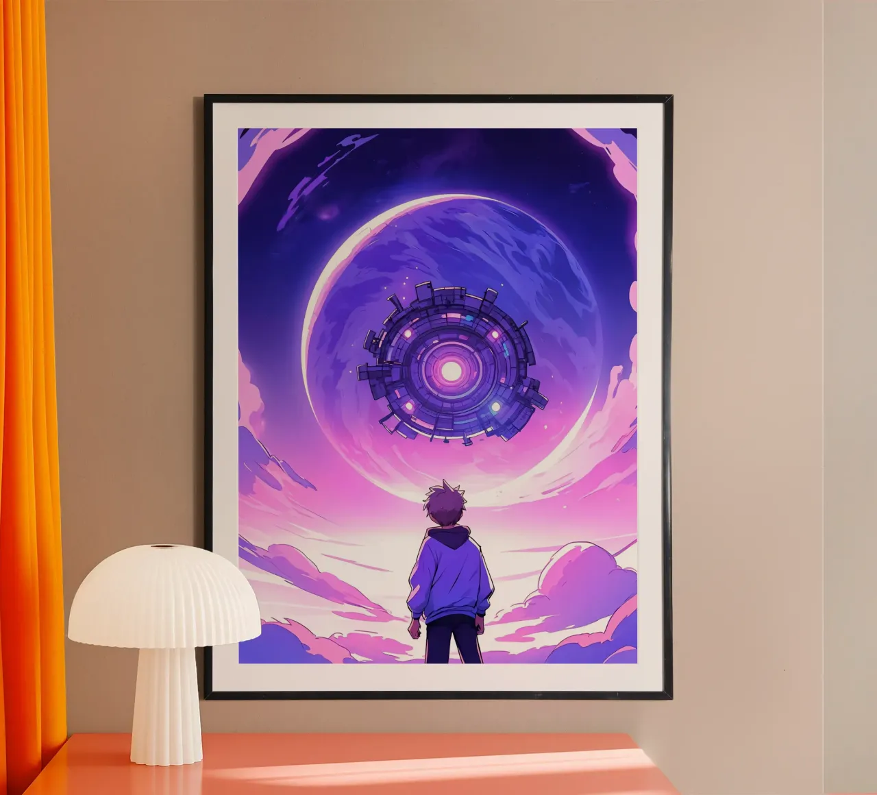 Un ragazzo in piedi nel mondo alieno Lofi Art poster con telaio in legno da LoFi Gallery