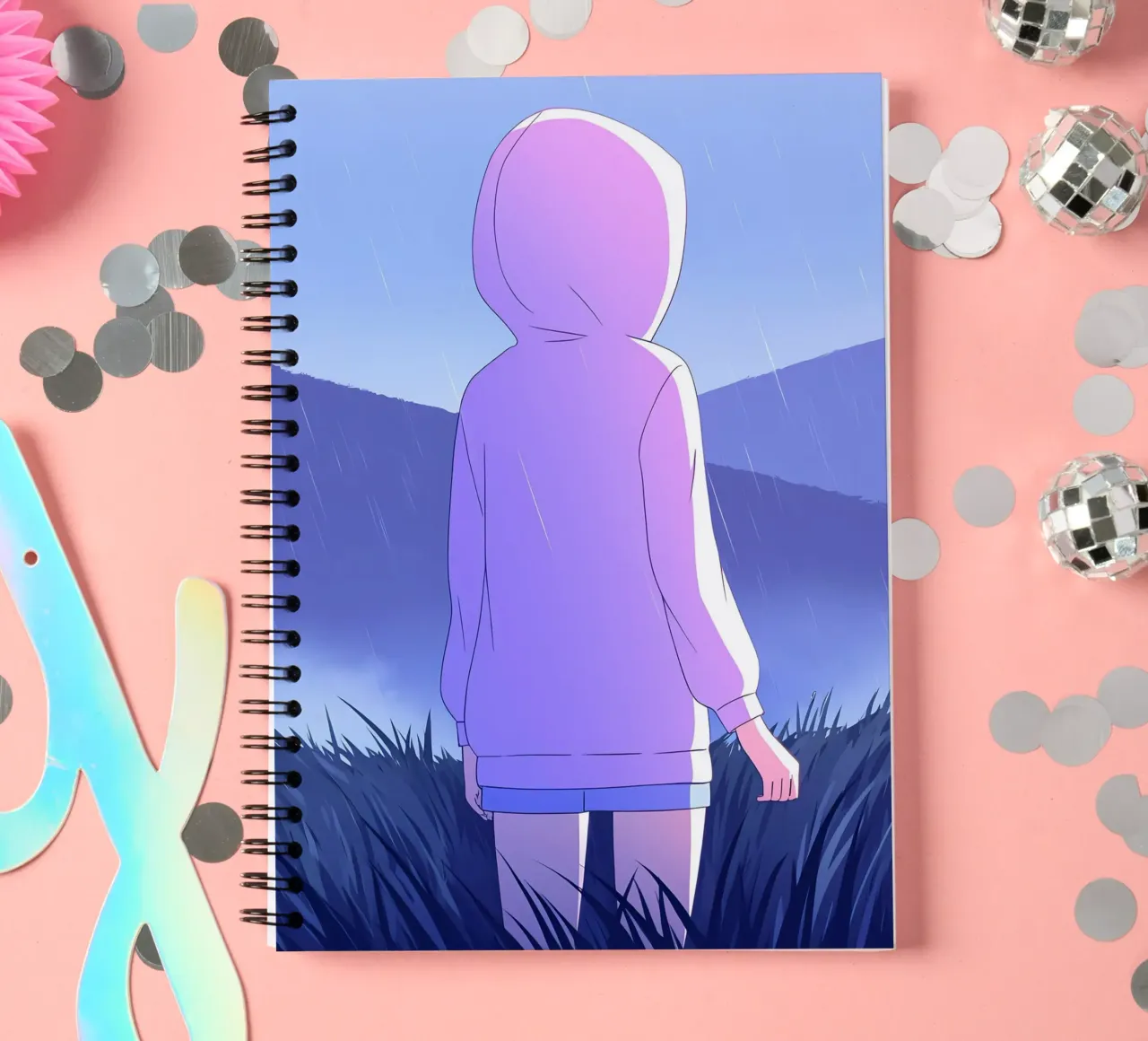 Girl In Raincoat In Grass Hills Mountain Lofi Art spiral notebook by LoFi Gallery