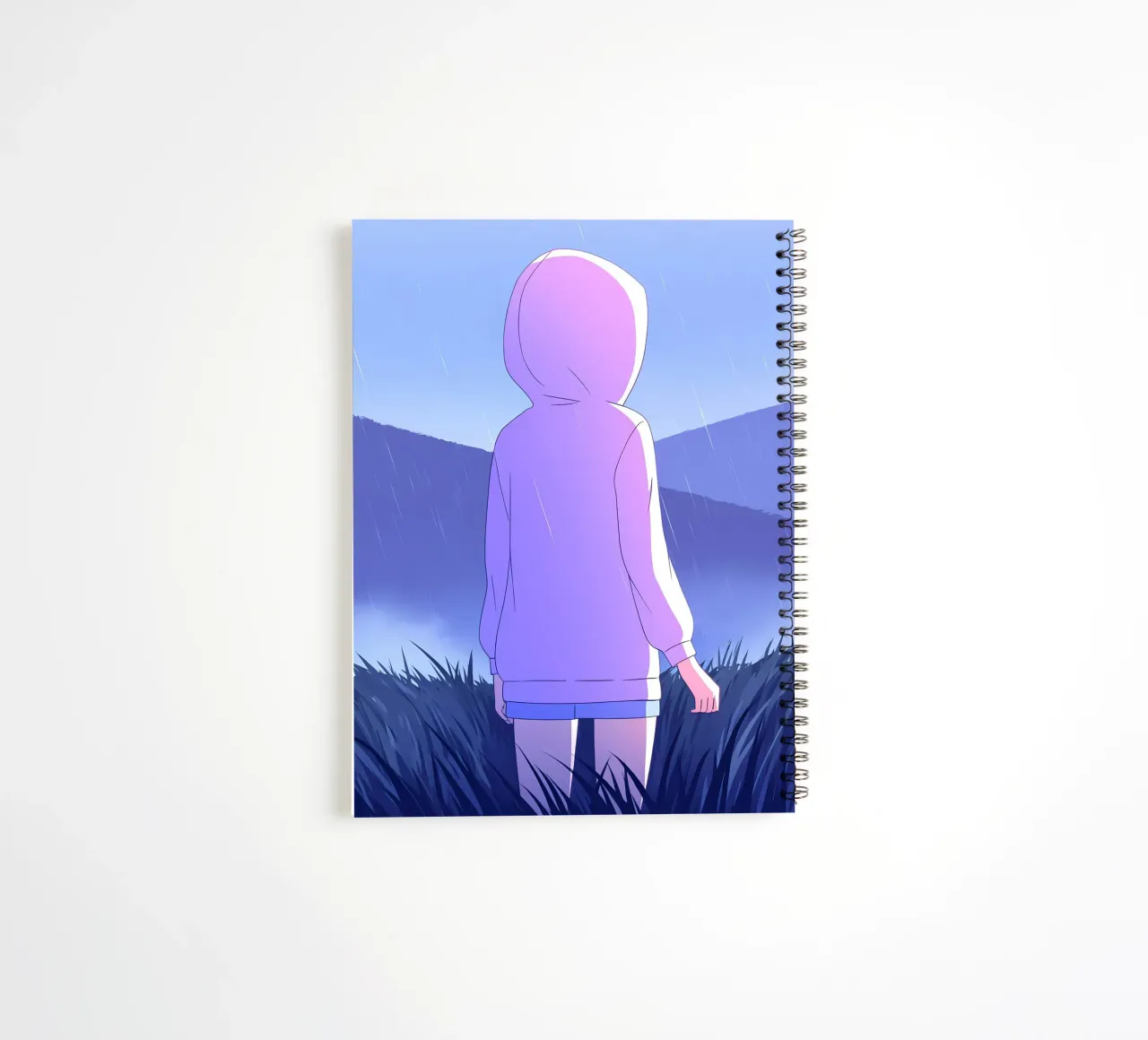 Girl In Raincoat In Grass Hills Mountain Lofi Art spiral notebook by LoFi Gallery