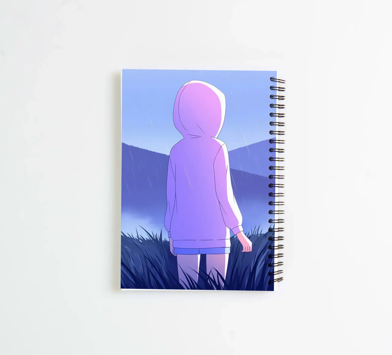 Girl In Raincoat In Grass Hills Mountain Lofi Art spiral notebook by LoFi Gallery