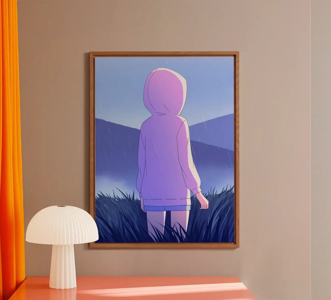 Ragazza in impermeabile in erba colline montagna Lofi Art alluminio dibond da LoFi Gallery