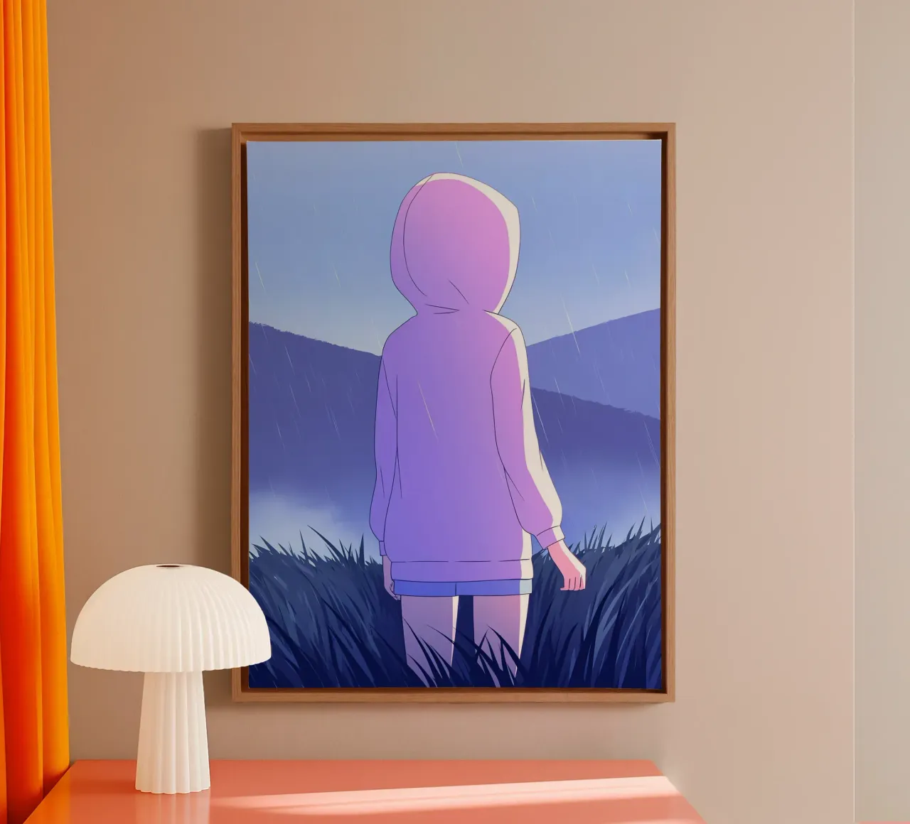 Ragazza in impermeabile in erba colline montagna Lofi Art tela con Cornice a cassetta da LoFi Gallery
