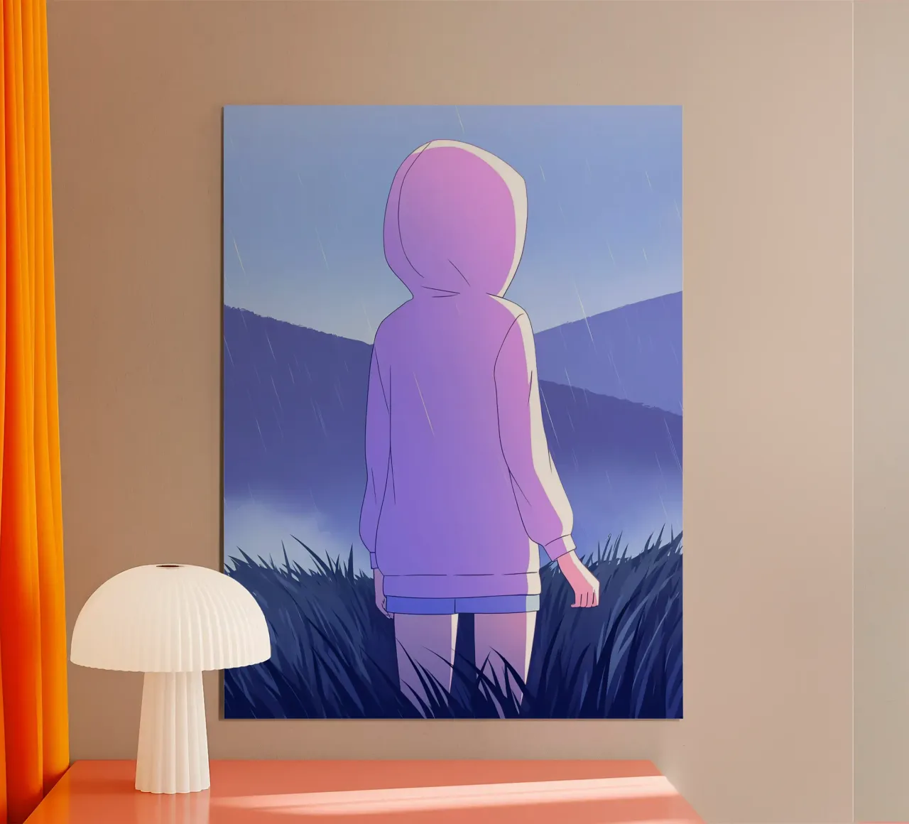 Ragazza in impermeabile in erba colline montagna Lofi Art poster con telaio in plastica da LoFi Gallery