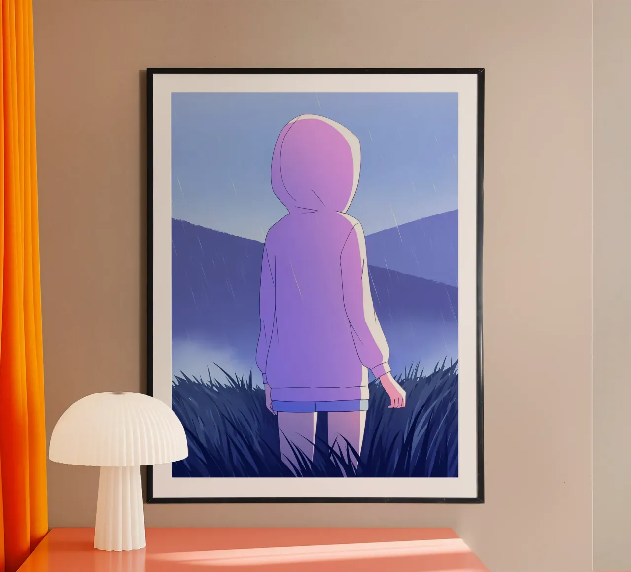 Ragazza in impermeabile in erba colline montagna Lofi Art poster con telaio in plastica da LoFi Gallery