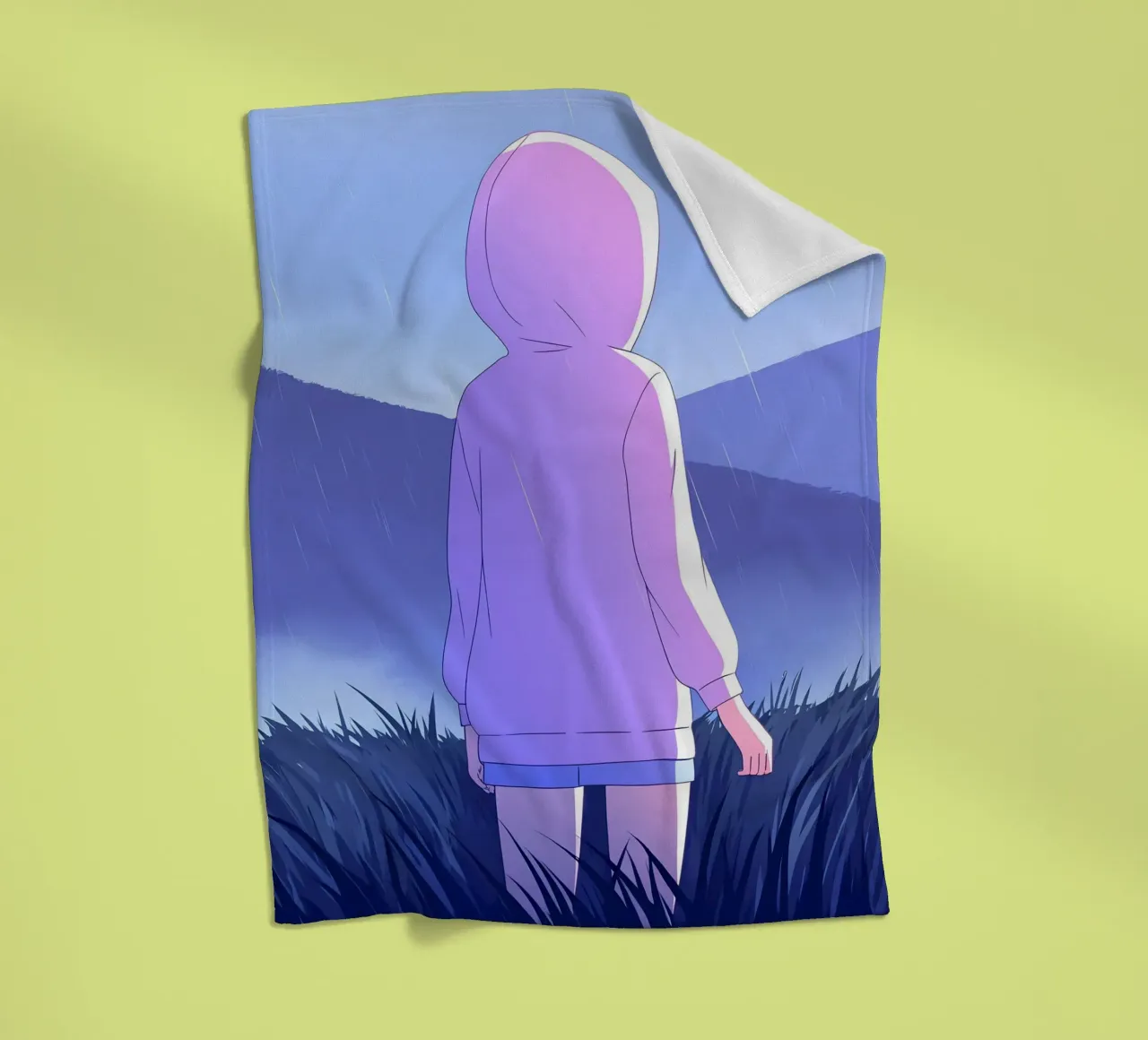 Ragazza in impermeabile in erba colline montagna Lofi Art coperta in pile da LoFi Gallery