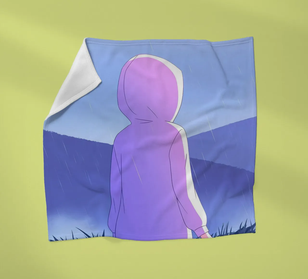 Ragazza in impermeabile in erba colline montagna Lofi Art coperta in pile da LoFi Gallery