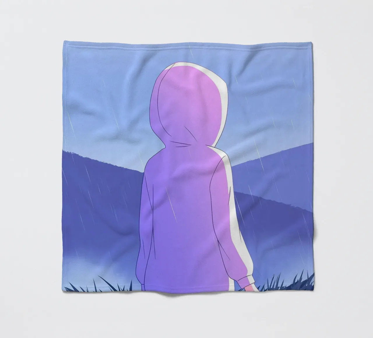 Ragazza in impermeabile in erba colline montagna Lofi Art coperta in pile da LoFi Gallery