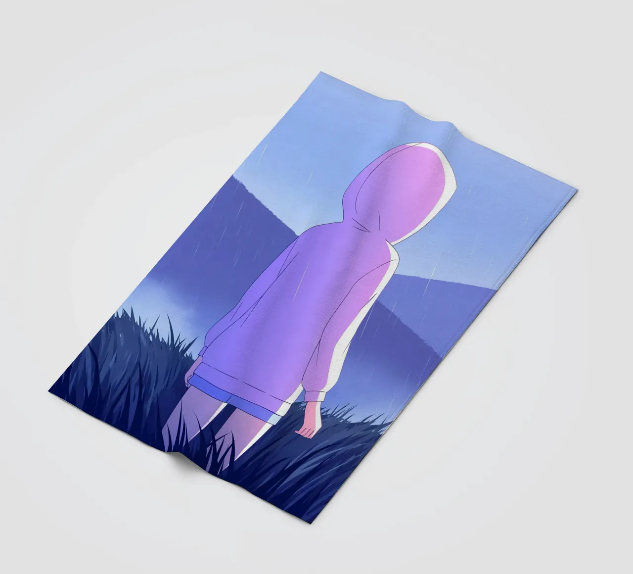Ragazza in impermeabile in erba colline montagna Lofi Art coperta in pile da LoFi Gallery