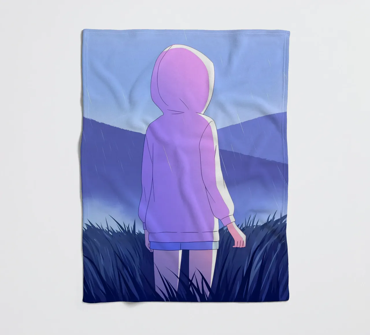 Ragazza in impermeabile in erba colline montagna Lofi Art coperta in pile da LoFi Gallery