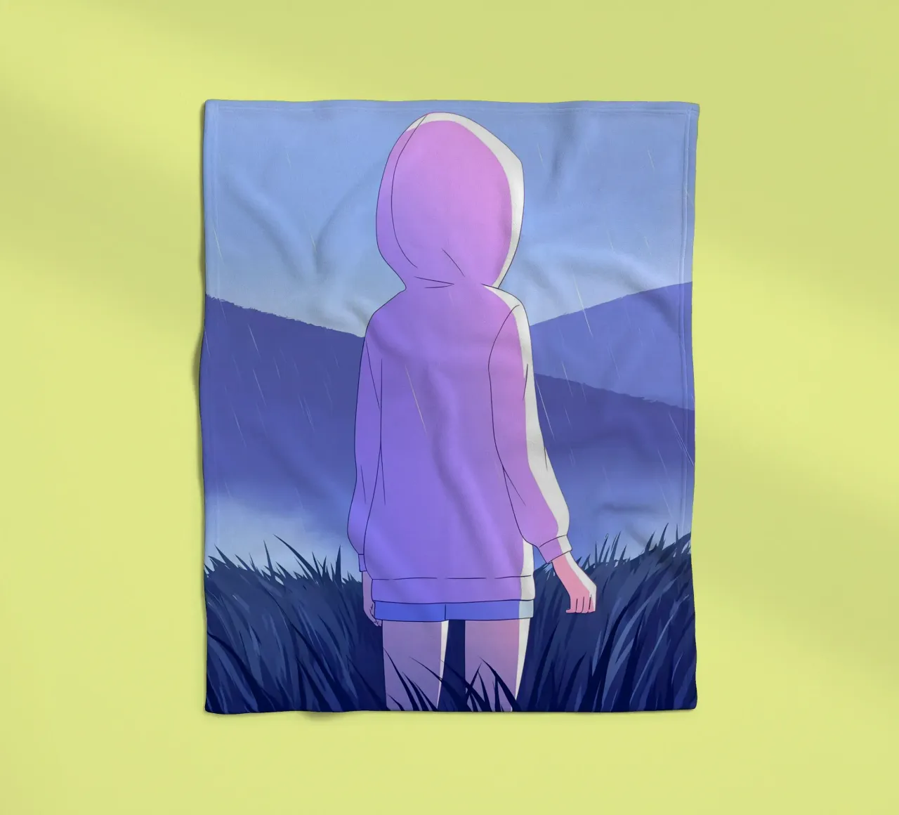 Ragazza in impermeabile in erba colline montagna Lofi Art coperta in pile da LoFi Gallery