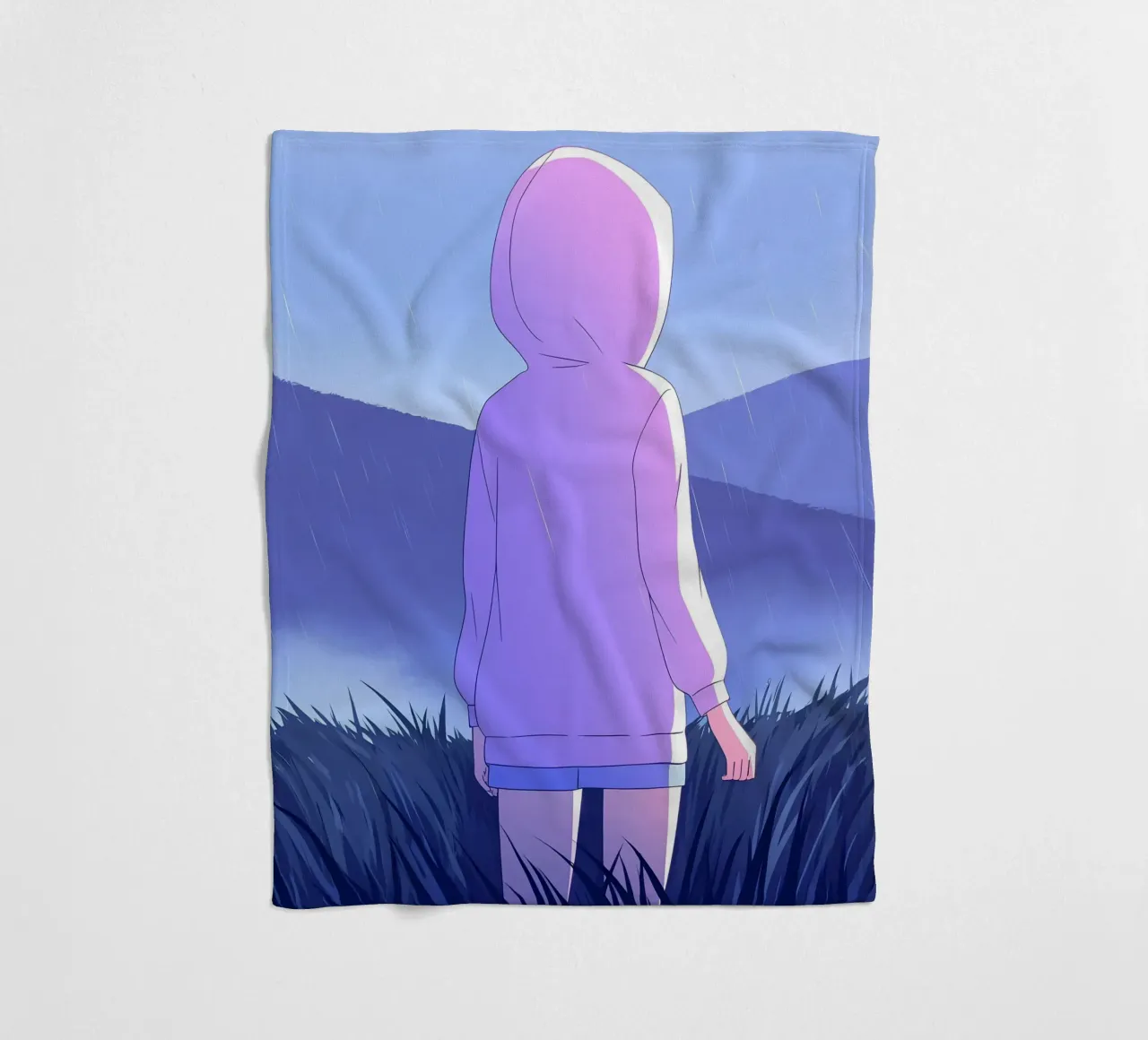 Ragazza in impermeabile in erba colline montagna Lofi Art coperta in pile da LoFi Gallery
