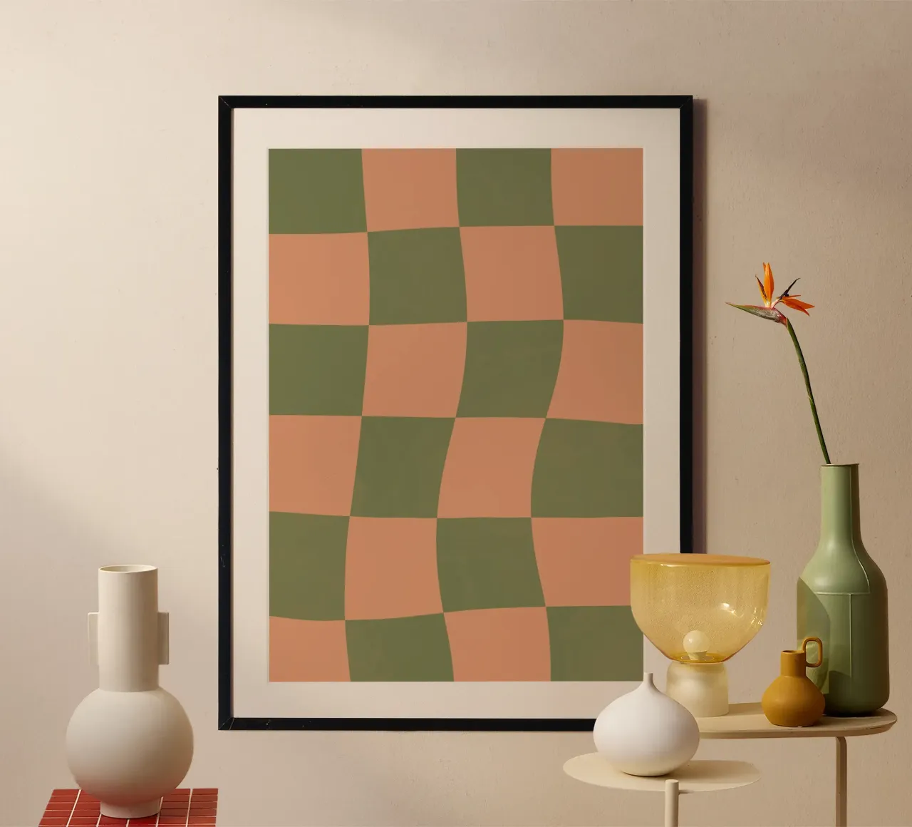 Scacchiera arancione e verde poster con telaio in alluminio da Sixmai