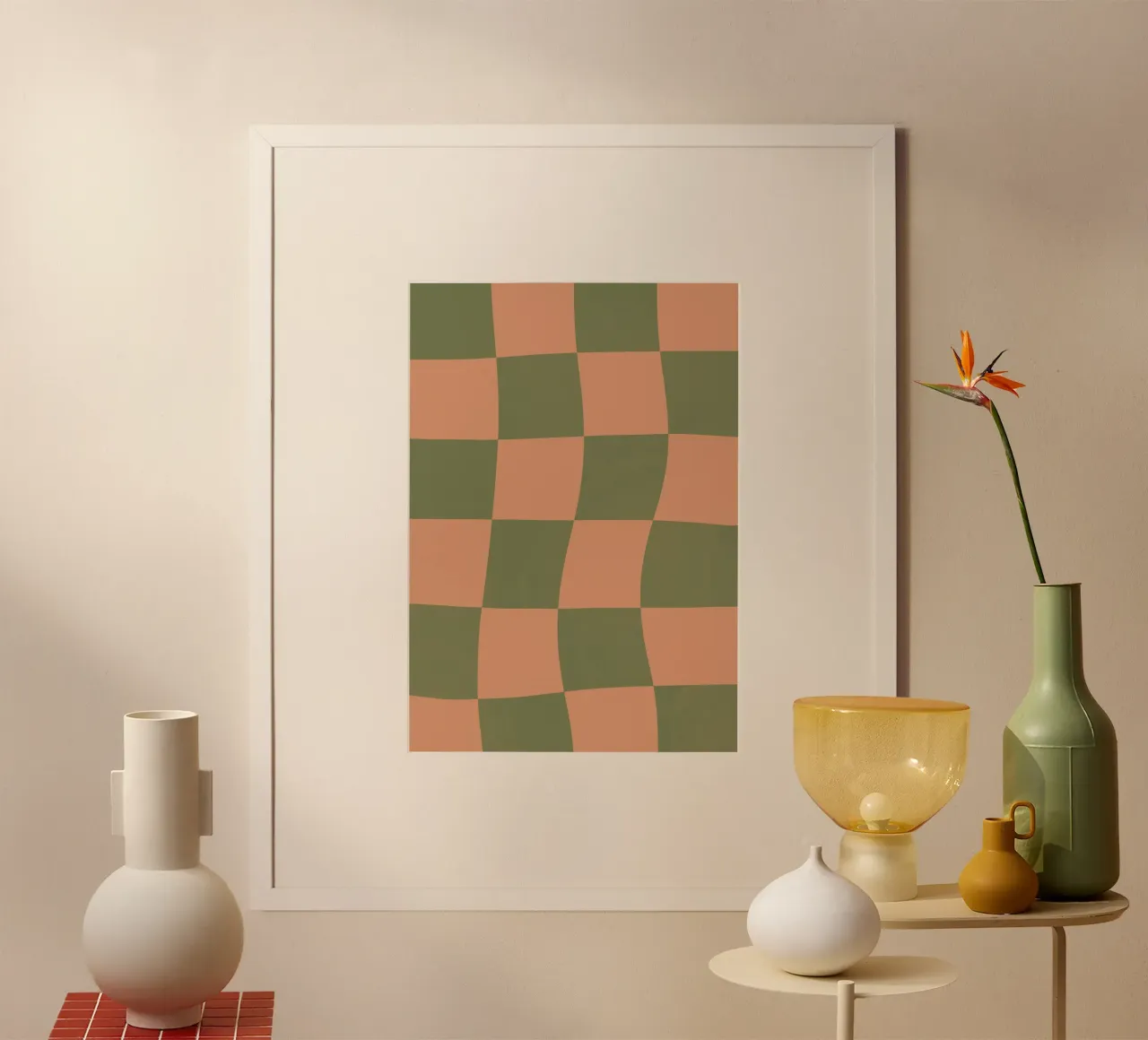 Scacchiera arancione e verde poster con telaio in alluminio da Sixmai