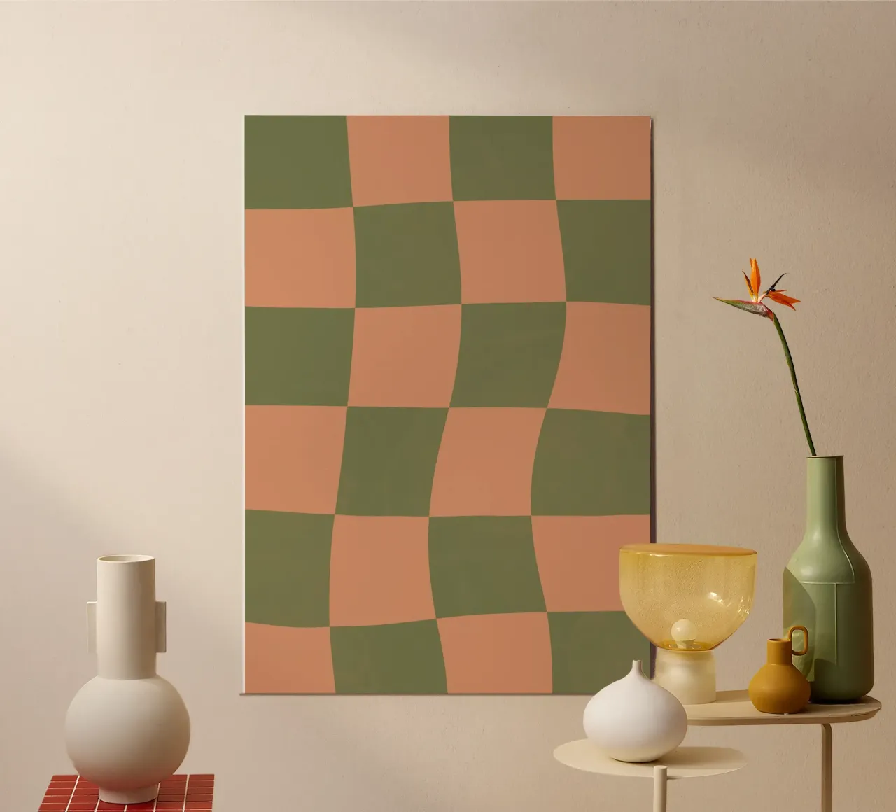 Scacchiera arancione e verde poster con telaio in alluminio da Sixmai