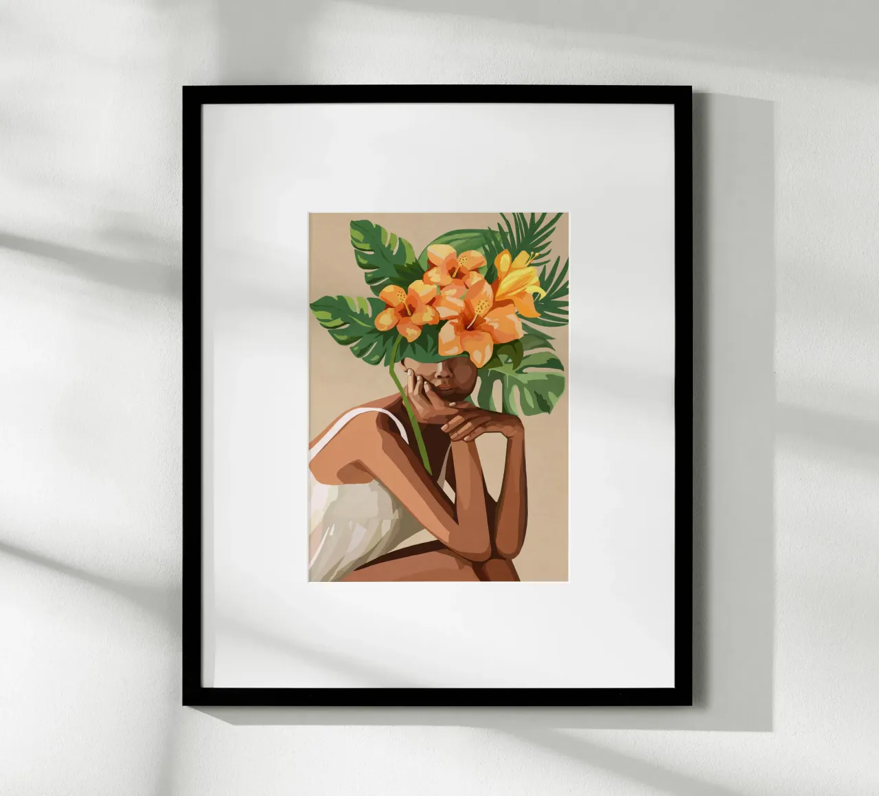Woman with tropical flowers and leaves on the head 2 poster con telaio in legno da Nadjaa