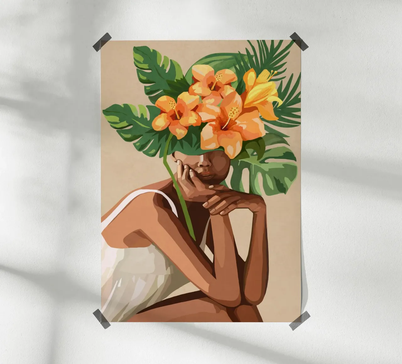 Woman with tropical flowers and leaves on the head 2 poster con telaio in legno da Nadjaa