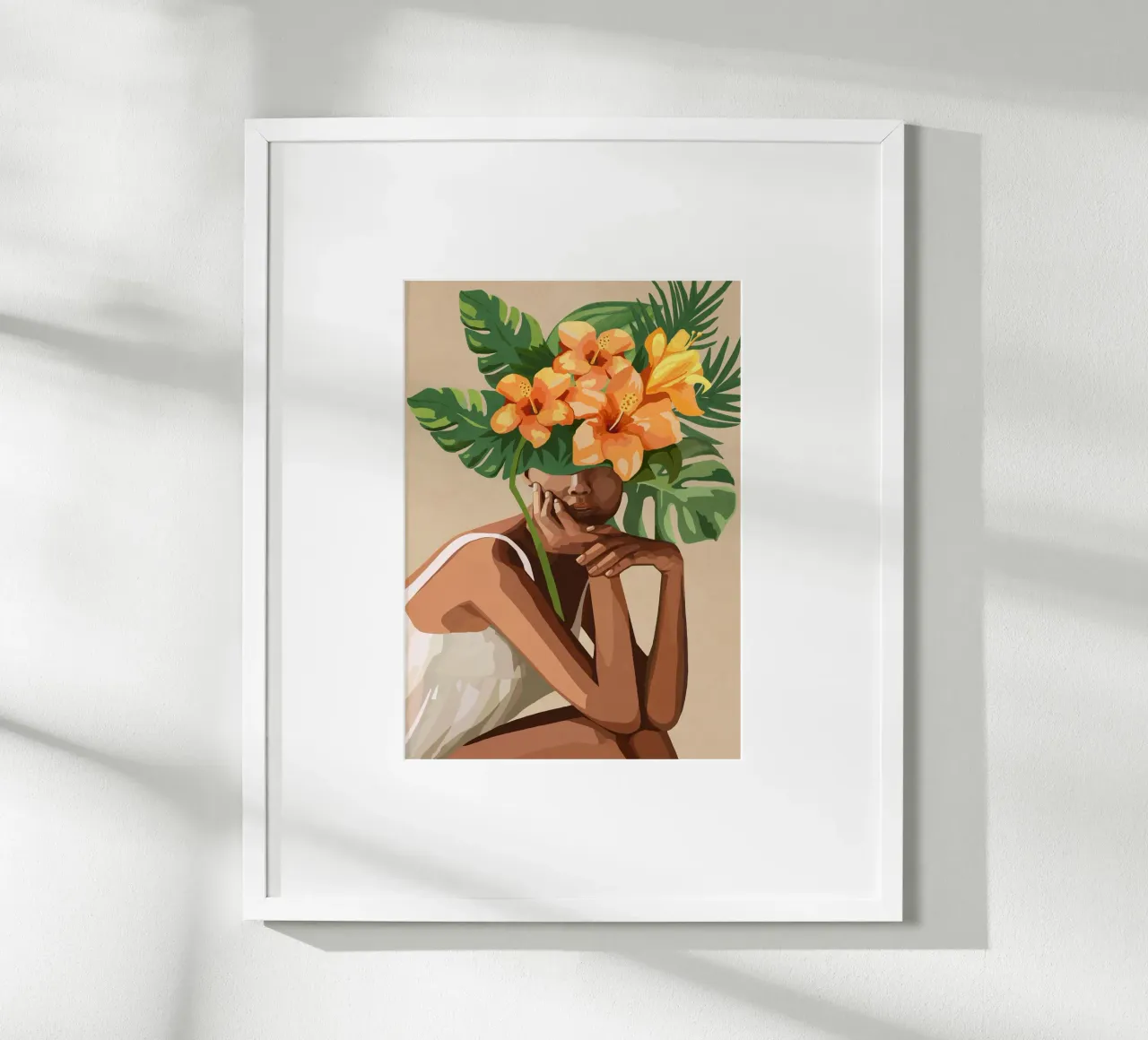 Woman with tropical flowers and leaves on the head 2 poster con telaio in legno da Nadjaa