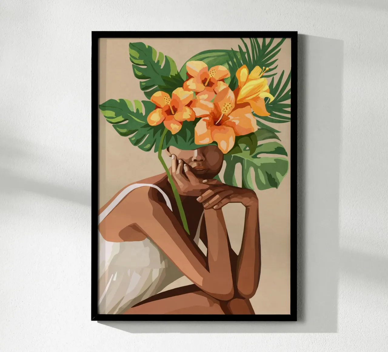 Woman with tropical flowers and leaves on the head 2 poster con telaio in legno da Nadjaa