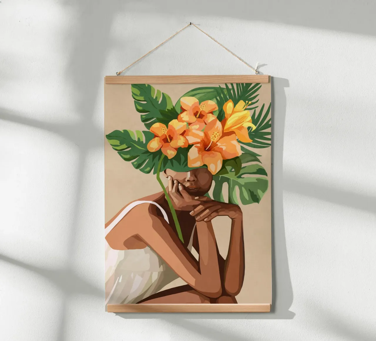Woman with tropical flowers and leaves on the head 2 poster con telaio in legno da Nadjaa