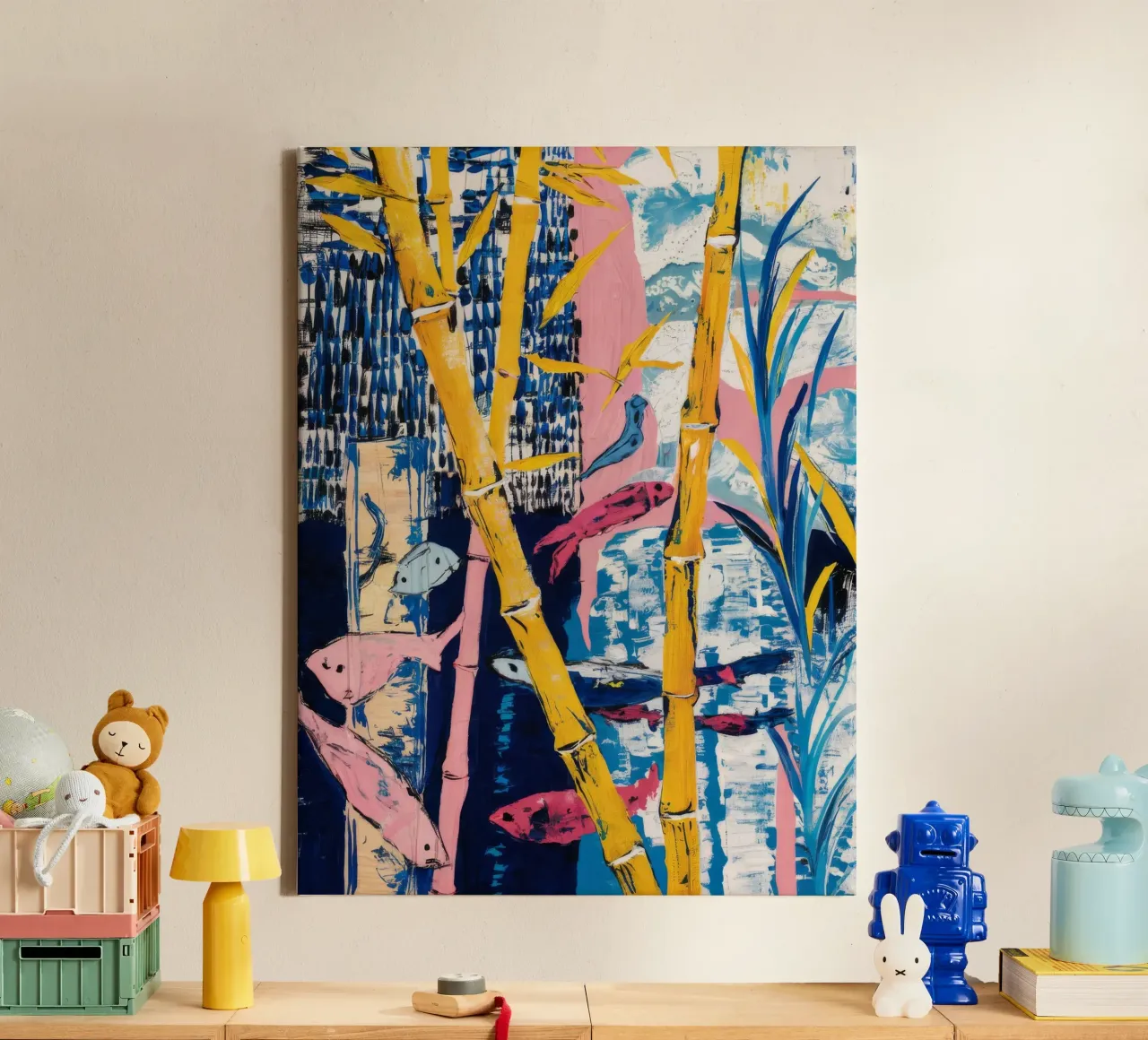 Dynamisch palmenlandschap canvas met Baklijst van Beach Palette