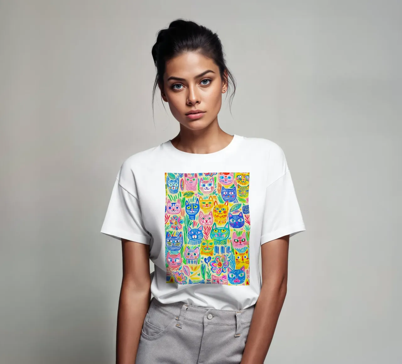 Bold And Groovy Pop Art Doodle Cats Multicolor t-shirt da Andrea Haase Modern Home