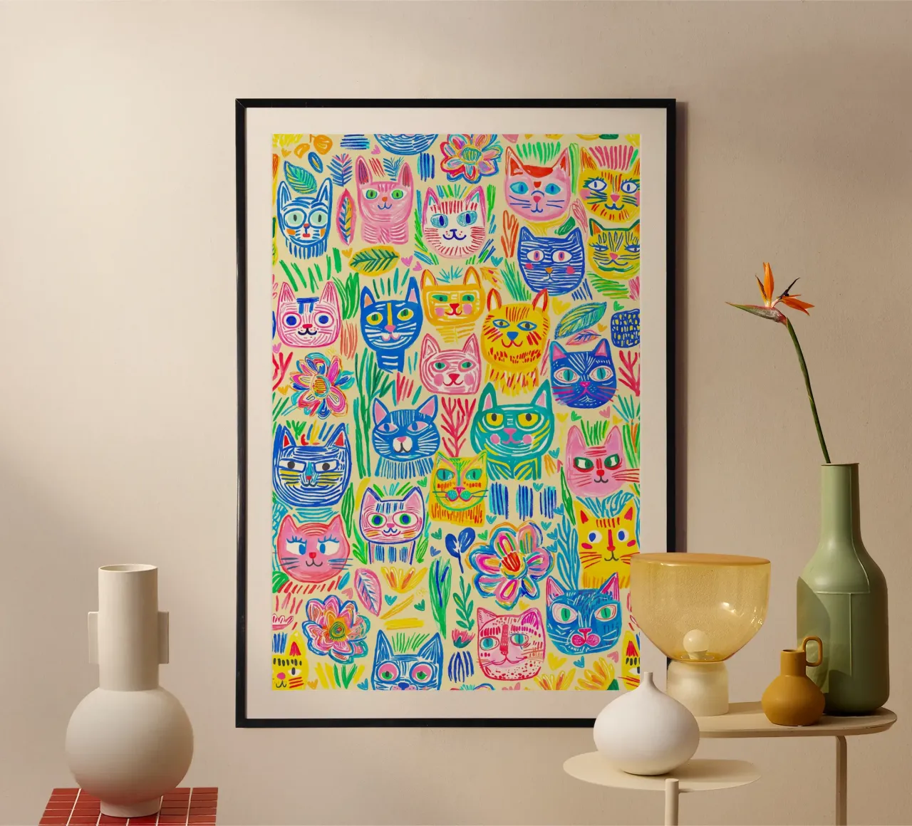 Bold And Groovy Pop Art Doodle Cats Multicolor carta hahnemühle da Andrea Haase Modern Home