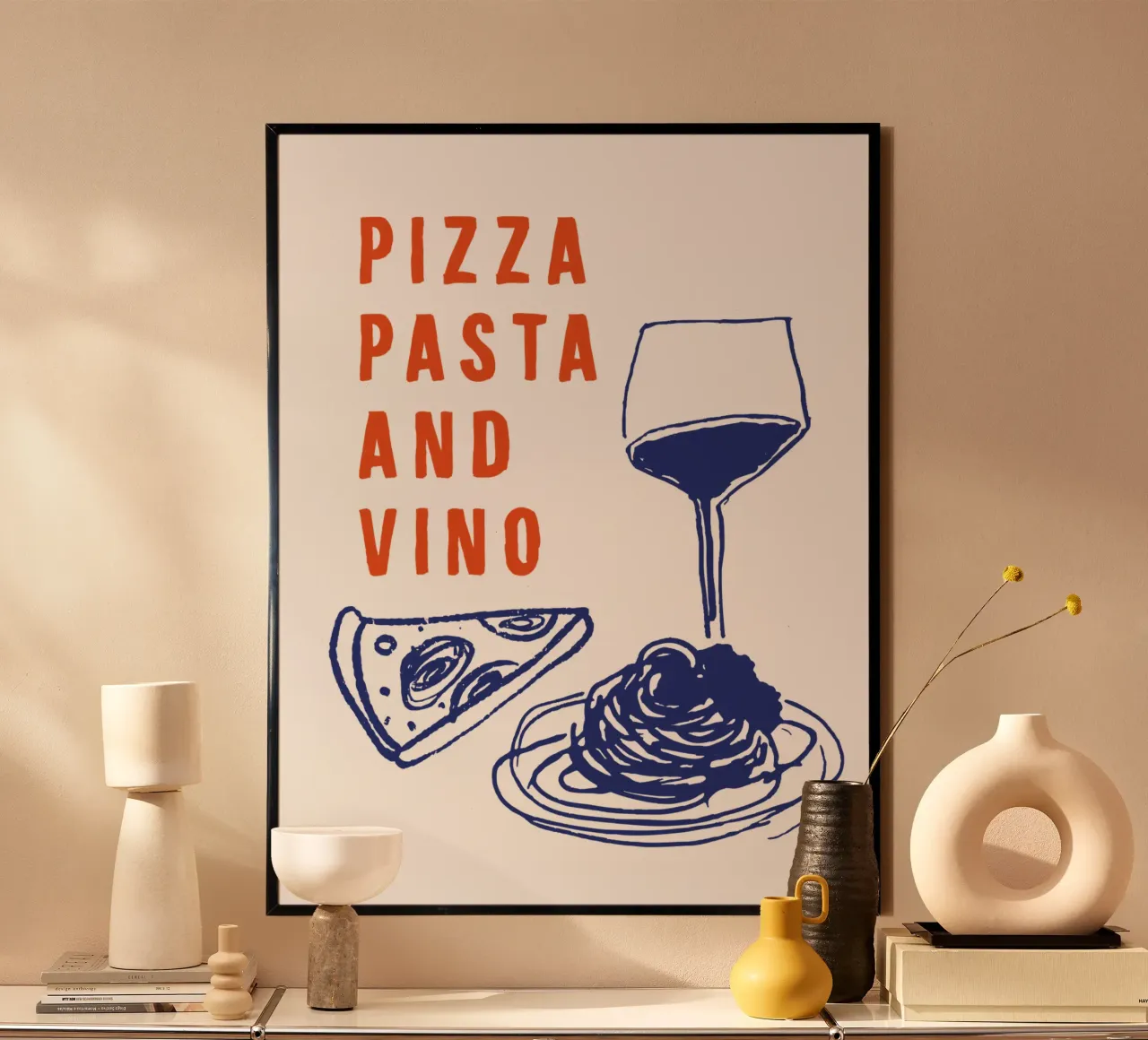 Pizza Pasta and Vino Cuisine Salle à Manger Décor en Rouge Bleu poster avec cadre en bois de THE MOTIVATED TYPE