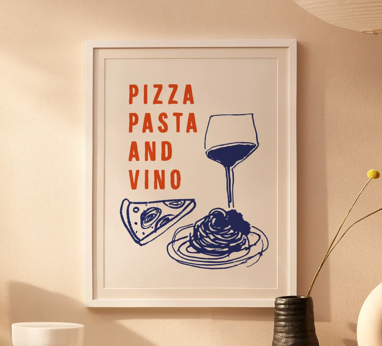 Pizza Pasta en Vino Keuken Eetkamer Decor in Rood Blauw poster van THE MOTIVATED TYPE