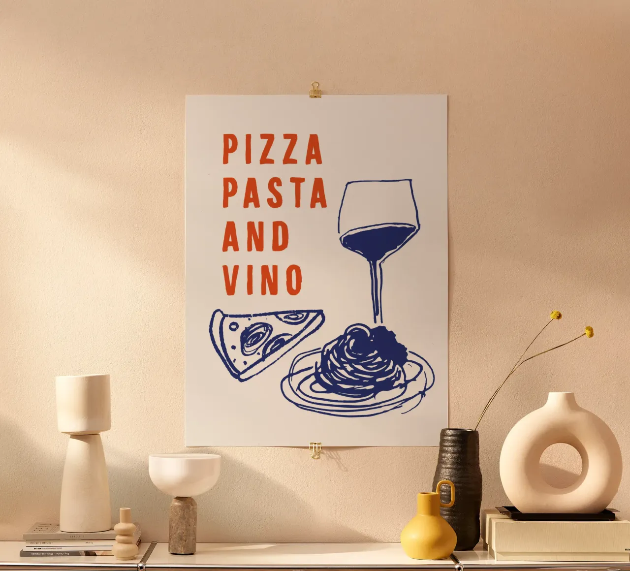 Pizza Pasta and Vino Cuisine Salle à Manger Décor en Rouge Bleu poster avec cadre en bois de THE MOTIVATED TYPE