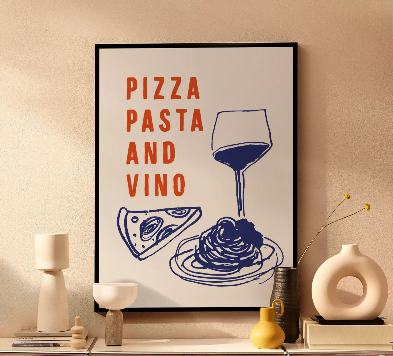 Pizza Pasta and Vino Cuisine Salle à Manger Décor en Rouge Bleu poster avec cadre en bois de THE MOTIVATED TYPE