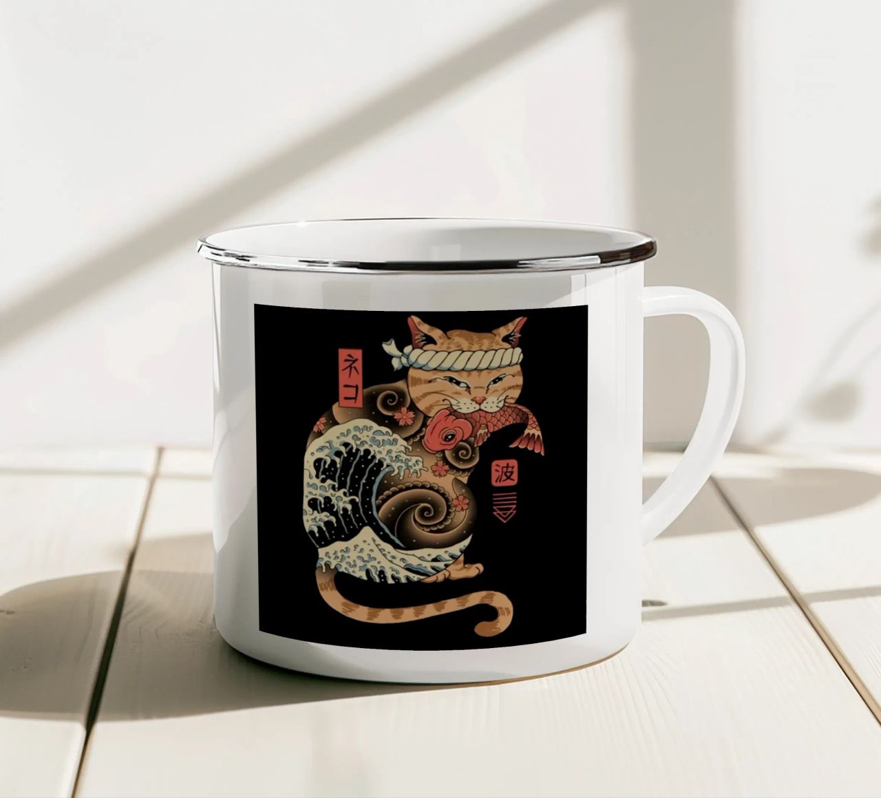 Neko Cat Fish Wave tazza in smalto da Michel Studio
